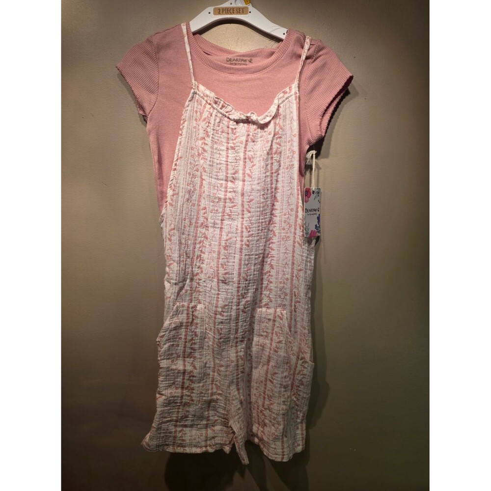 BearPaw Pink Ribbed Tee with White and Pink Floral Pinafore Size 7/8